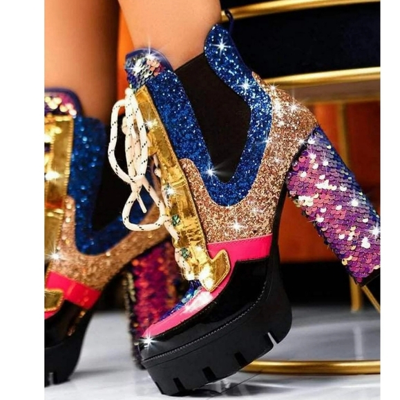 NEW Cape Robbin Nell Heeled Boots  Sparkly Sequin PlatformChelsea Boots Wo - Picture 4 of 15